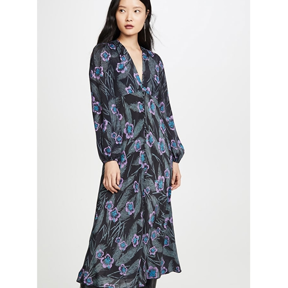RIXO Black Floral Midi Dress with Purple & Teal Flowers